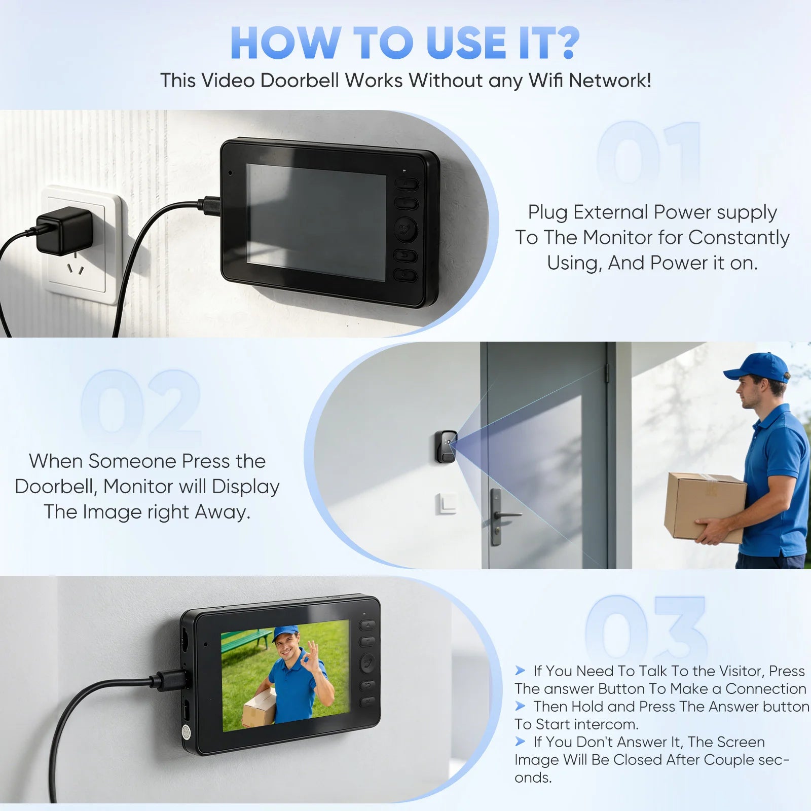Outdoor Wireless Doorbell With Camera IP65 Waterproof 1080P HD 4.3" Screen 2.4G Video Doorbell Two-Way Audio Night Vision
