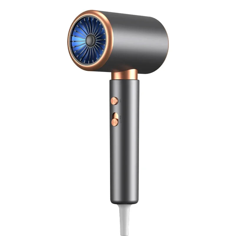 Professional 2000W ionic salon hair dryer in grey and rose gold with 5-speed control for fast, smooth drying.