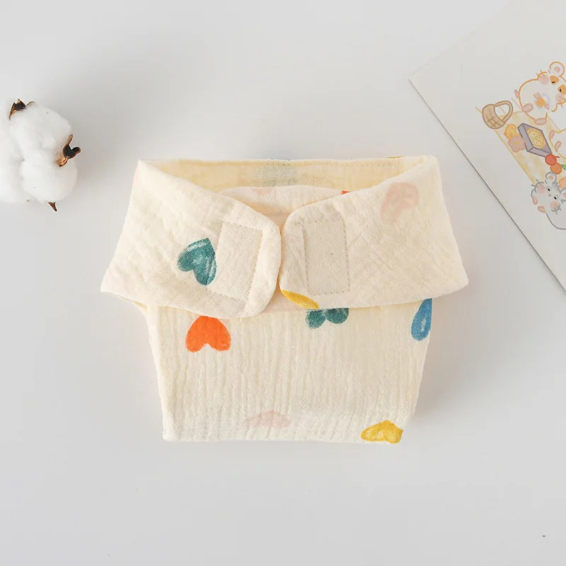 Soft cotton baby diaper cover with colorful heart print pattern. Comfortable muslin fabric for gentle baby care.
