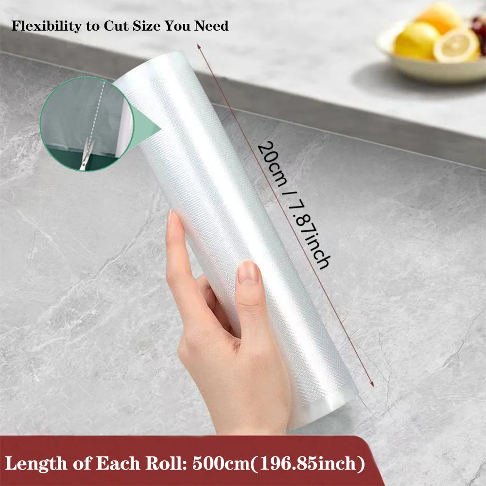 Vacuum sealer roll bag showing 20cm width and 500cm total roll length