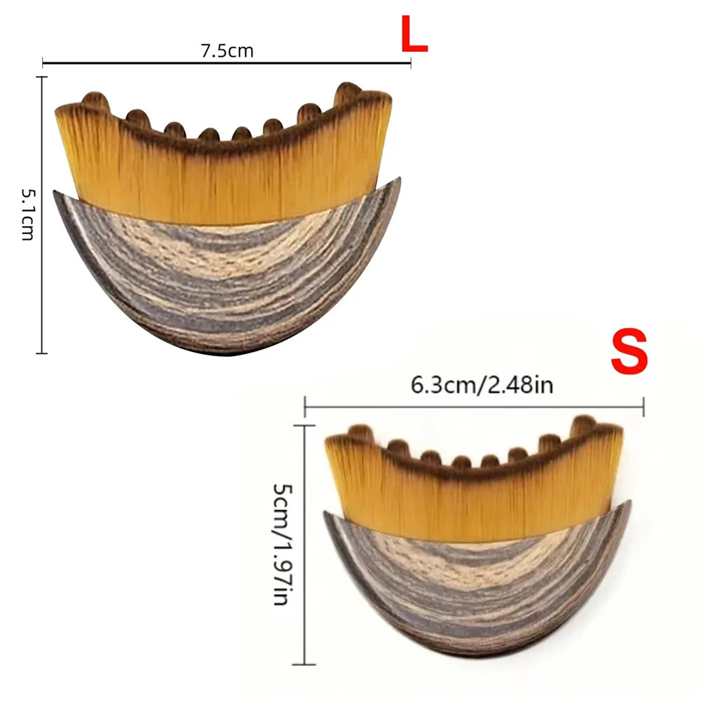 Two crescent-shaped facial massage brushes with wooden handles and yellow bristles, labeled with size dimensions.