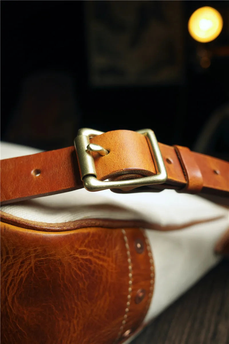 Simple designer handmade thick canvas cow leather men women's handbags outdoor daily work travel large-capacity messenger bag