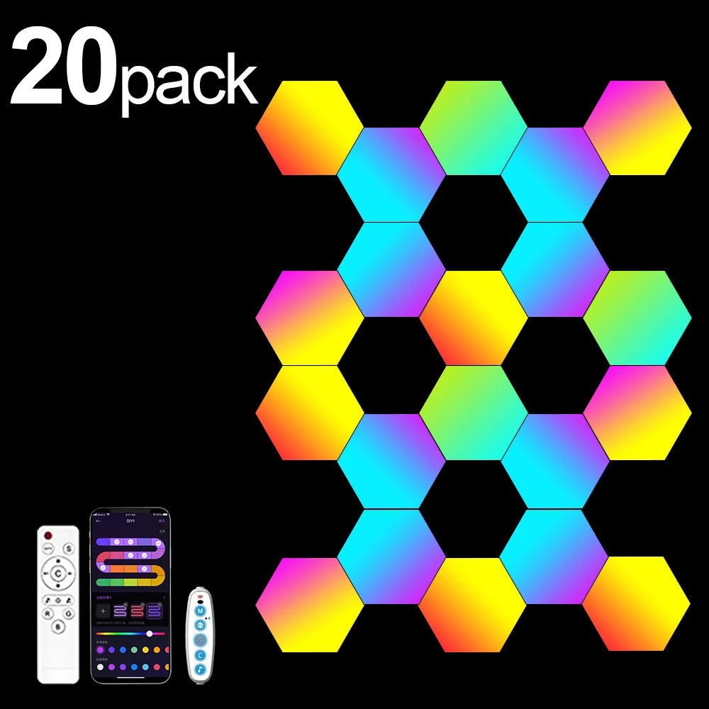 RGB Hexagonal Smart Wall Lamp - Modular Music Sync LED Lighting Kit 20 Pack Tidesmit