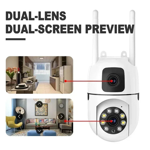 White dual-lens security camera with dual-screen preview and two antennas