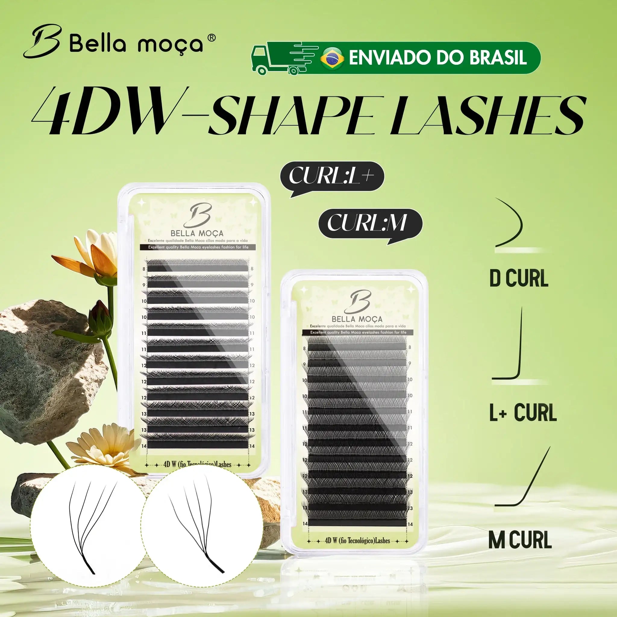 Bella Moça 4D W-shape volume lash trays in varied lengths with D, L+, and M curl diagrams against a nature background.