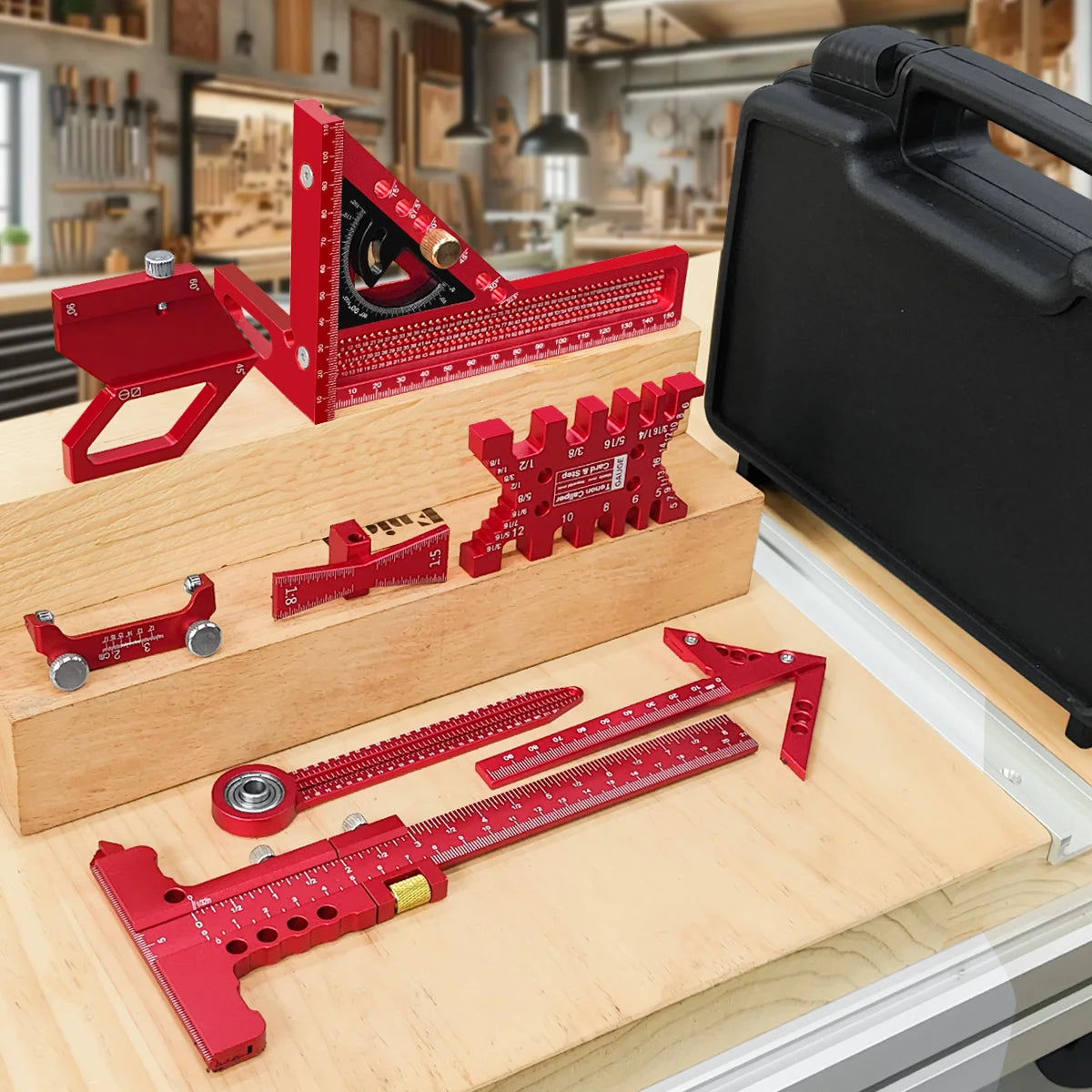 9Pcs Woodworking Square Kit with Box, Aluminum Scribeing Ruler,Center Finder,Circular Drawing Compass,Honing Guide,Height Gauge