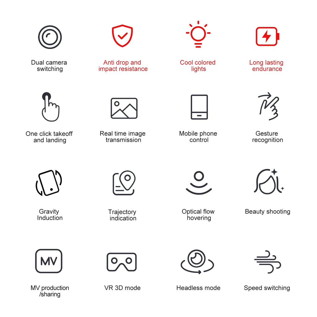 Grid of 16 black-and-white icons illustrating drone features like camera switching, flight control, and video effects.