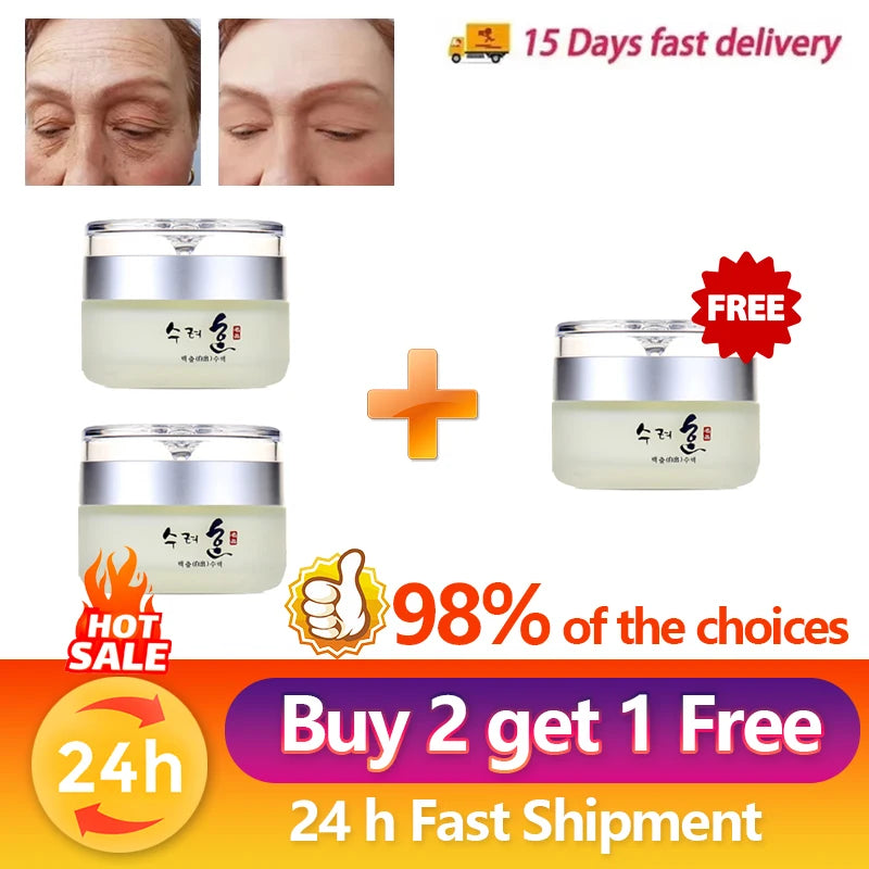 Three round, pale yellow face cream jars with silver lids, used for wrinkle reduction and skin smoothing.