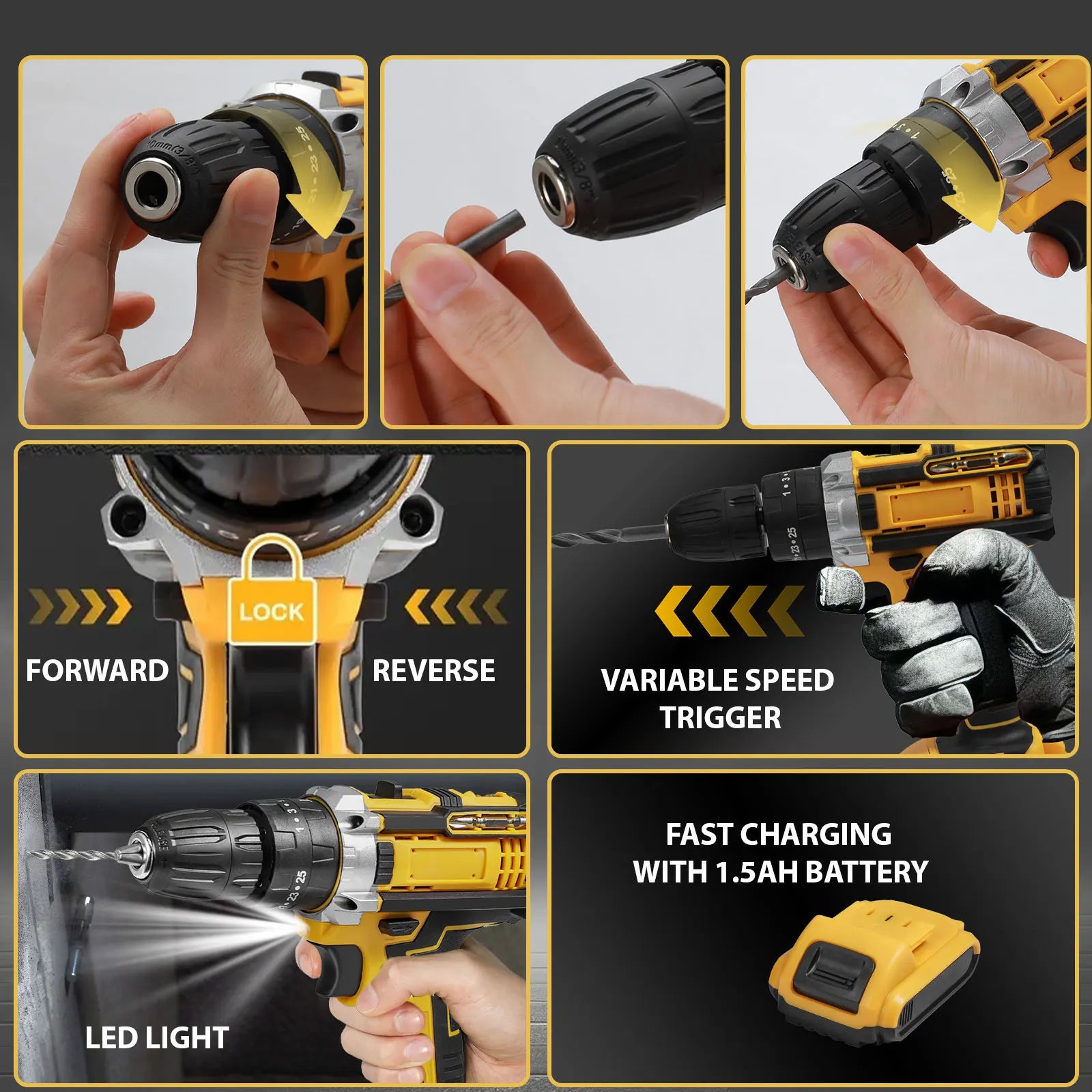 45N.m 1800RPM Cordless Electric Impact Drill 25+3 Torque Settings Electric Screwdriver Power Tool With 2PCS Batteries For Home DIY Woodworking