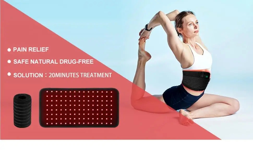 LED red light therapy belt with 660nm and 850nm infrared light for back and joint pain relief and body slimming.