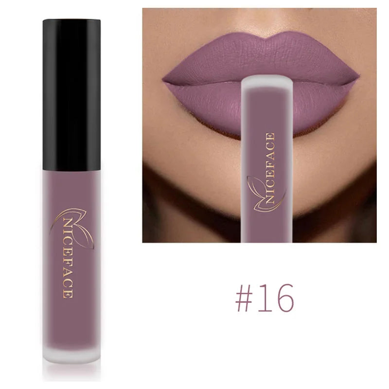 Niceface waterproof matte liquid lipstick #16 in a mauve-purple shade, shown on lips for a long-lasting velvet finish.