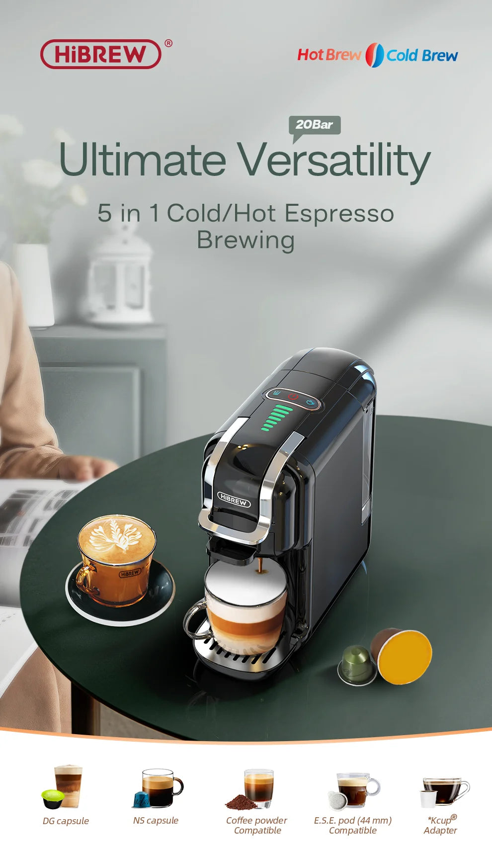HiBREW 5-in-1 black multi-capsule espresso machine, 20 bar pressure, brews hot or cold coffee on a table.