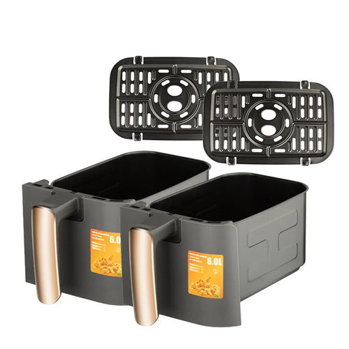 Two nonstick frying baskets with black inserts, open for dual-zone air frying