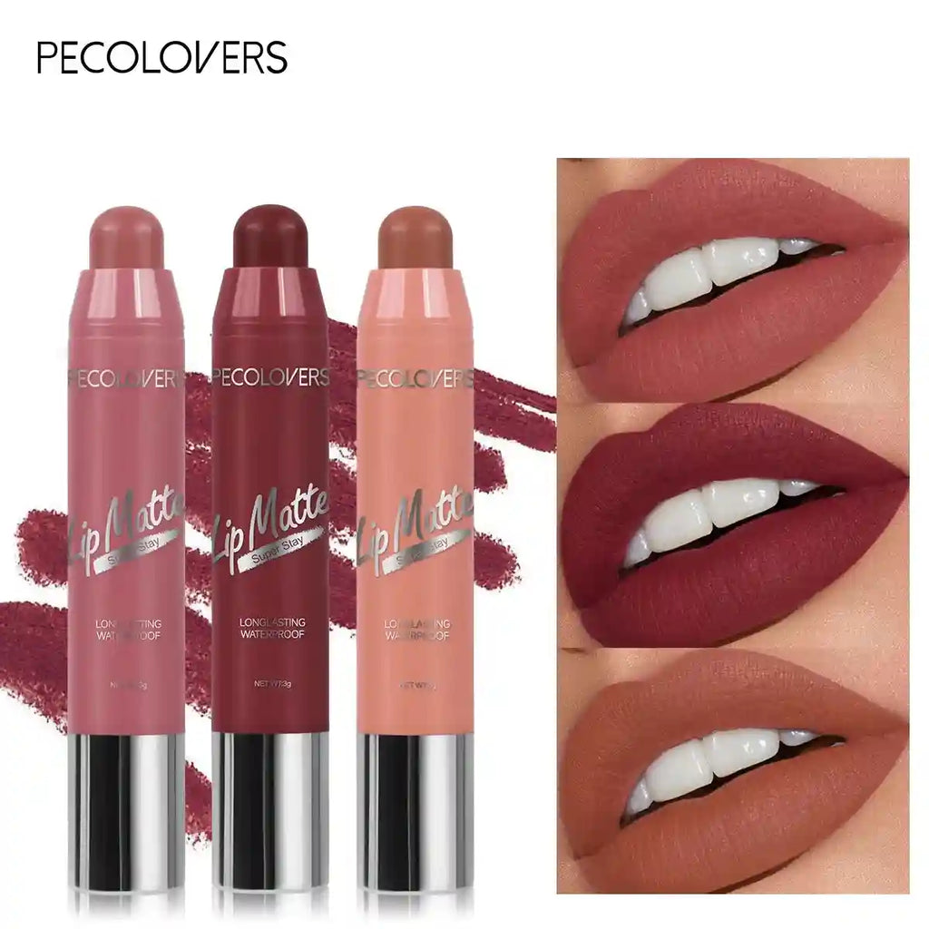 Velvet matte lipstick set in nude apricot and berry shades. Waterproof, long-lasting, non-stick lip tint makeup.