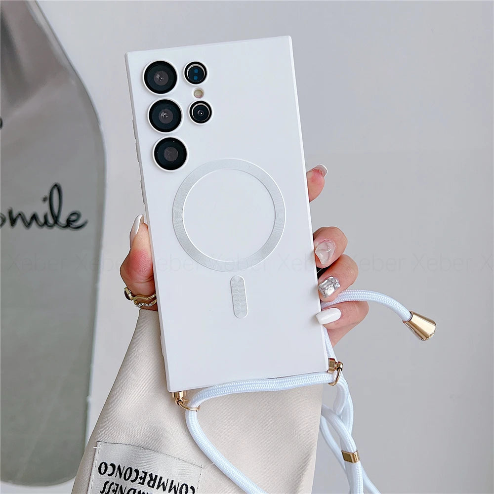 Samsung S25 Ultra Magnetic Case with Detachable Crossbody Lanyard Strap White Case & Strap Tidesmit