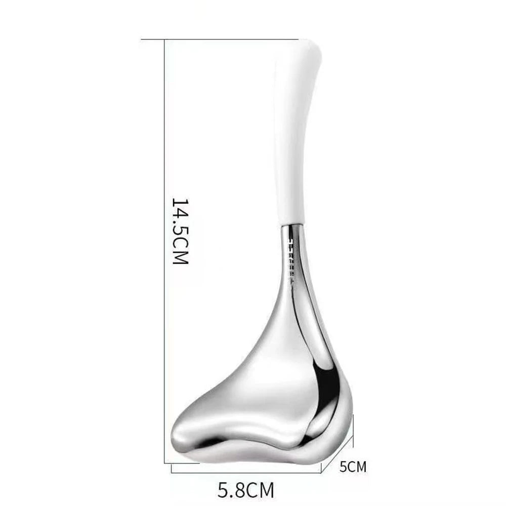 Stainless steel gua sha cryo facial tool with a white handle, shown with dimensions (14.5cm length, 5.8cm width).