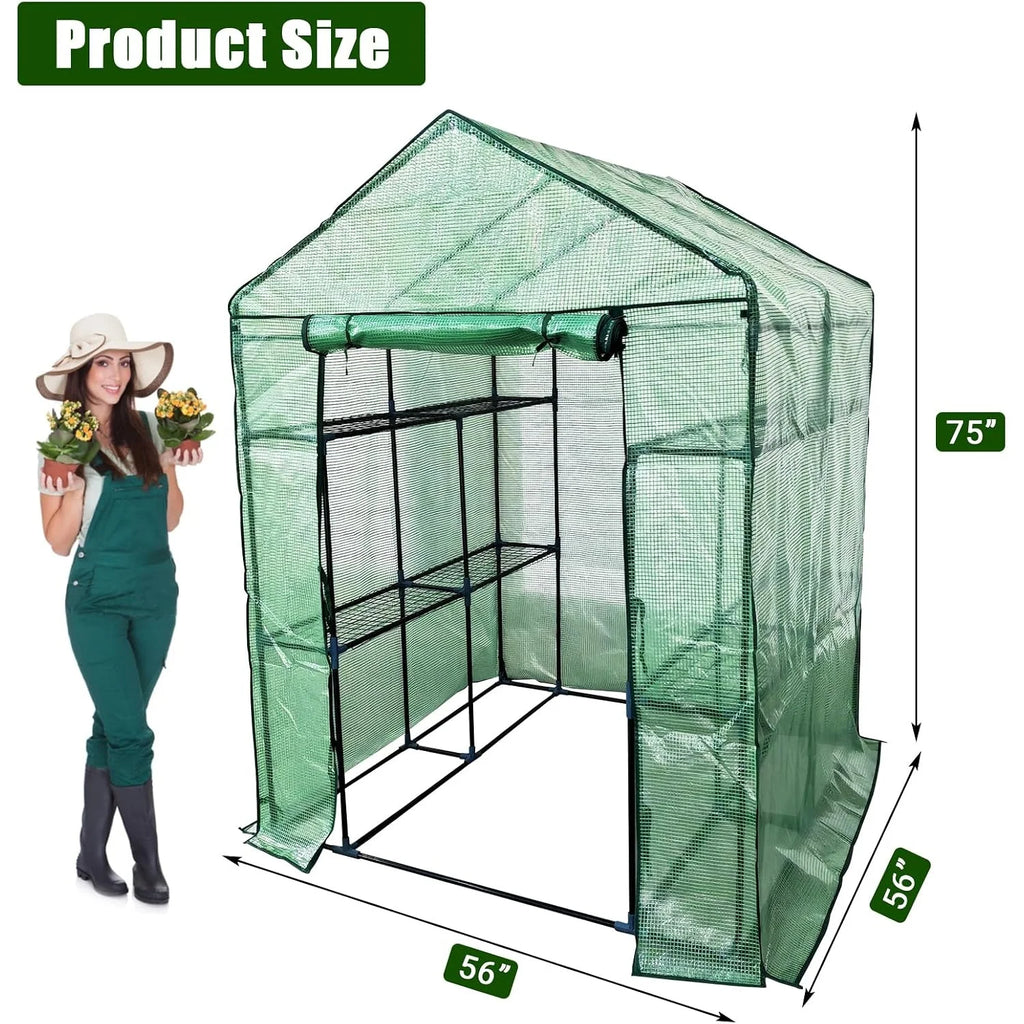 Walk-in Greenhouse for Outdoors,  Green Plant Greenhouse with 8 Shelves, Steel Frame, PE Cover, Roll-Up Zipper Door