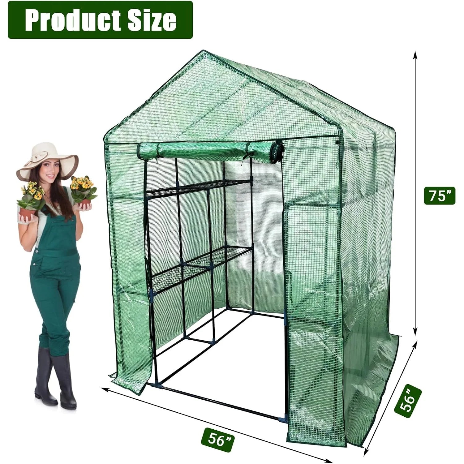 Walk-in Greenhouse for Outdoors,  Green Plant Greenhouse with 8 Shelves, Steel Frame, PE Cover, Roll-Up Zipper Door