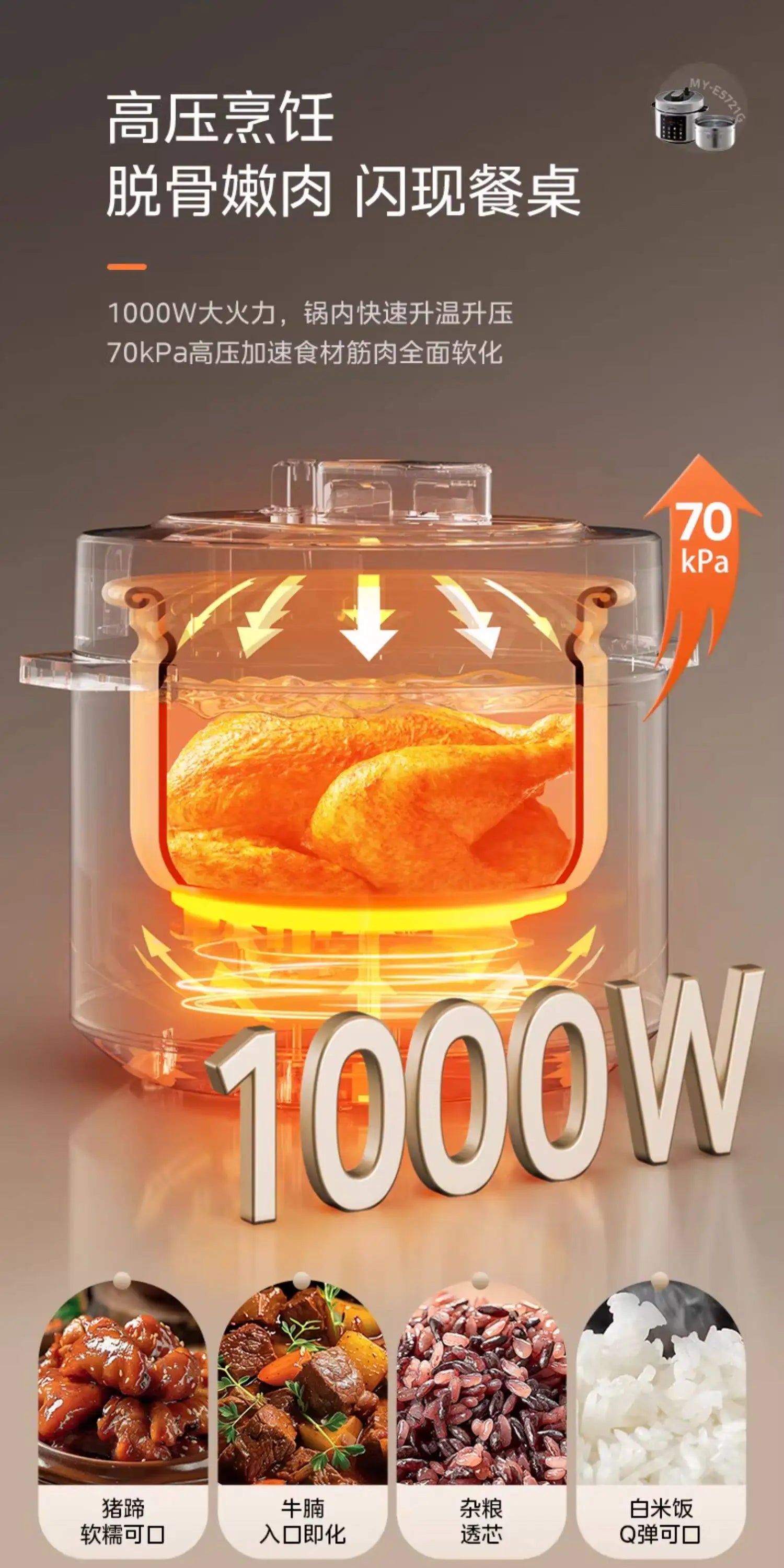 Electric pressure cooker with transparent chamber and 1000W high-pressure heating