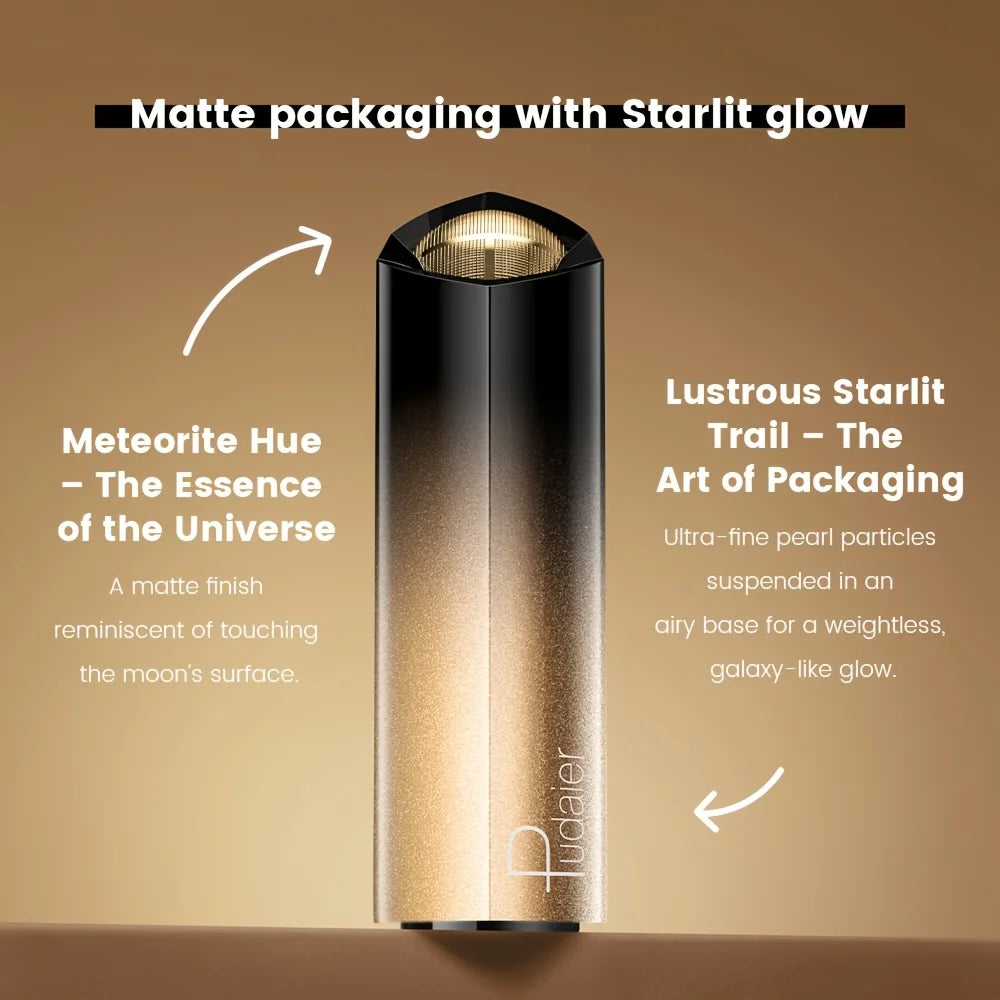 Pudaier pearly metallic lipstick with glitter shimmer finish, creamy texture, and high color payoff in black gold case.