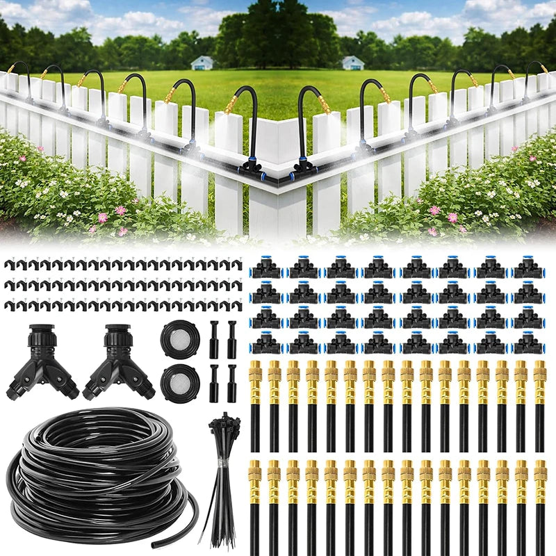 Drip irrigation kit components: coiled tubing, fittings, and black/gold misting nozzles