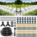 Drip irrigation kit components: coiled tubing, fittings, and black/gold misting nozzles
