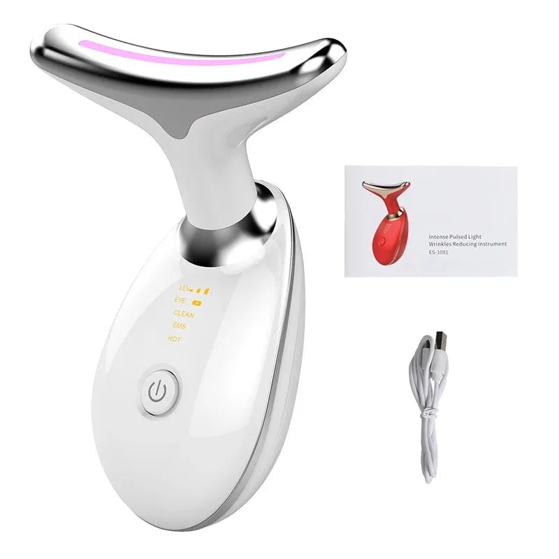 White, T-shaped facial and neck massager with silver curved head, control buttons, and charging cable.