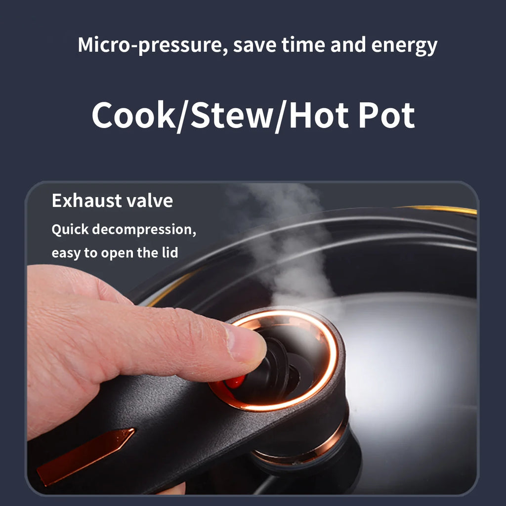 Micro pressure cooker lid exhaust valve close-up on black lid with copper ring
