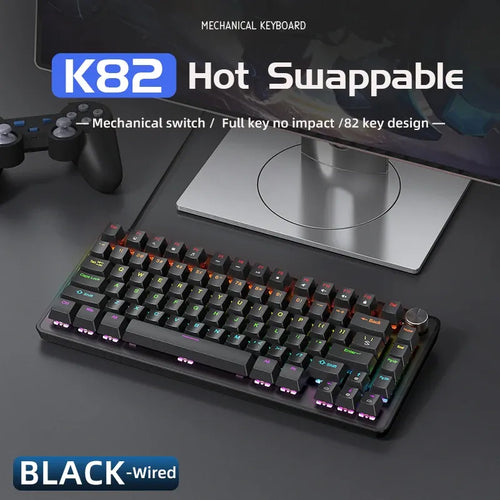 APAYADO black 75% mechanical gaming keyboard with media knob, hot-swappable switches, and transparent backlit keys.