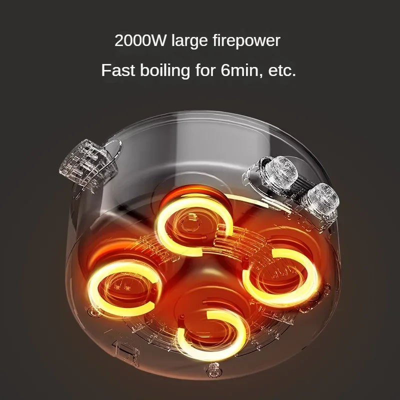 Electric hot pot with heating coils shown for fast firepower, front view