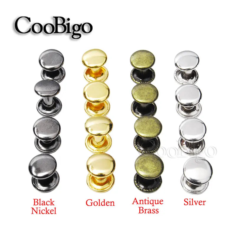 8x8mm metal double cap rivets for DIY pet collars, leather crafts, and clothing. Available in gold, silver, and nickel.