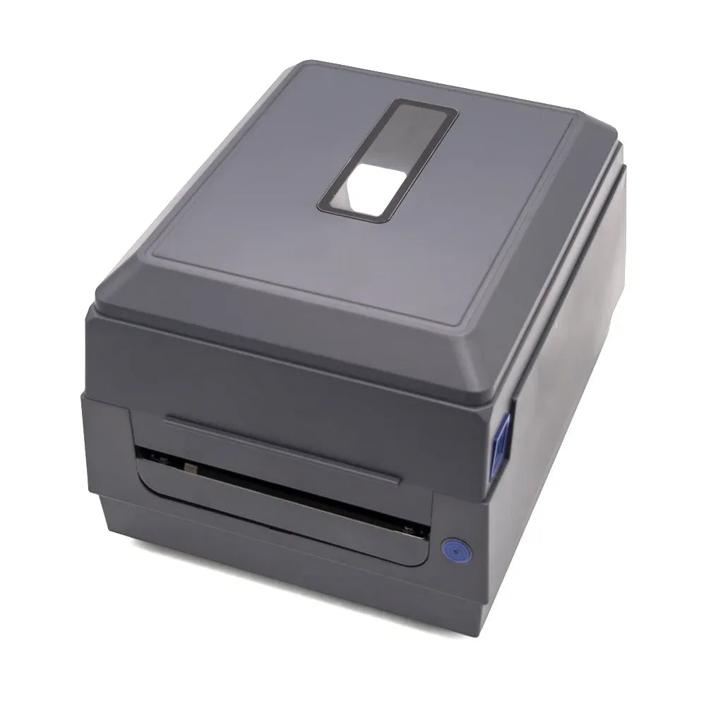 Gray desktop thermal transfer barcode label printer with top window and front slot