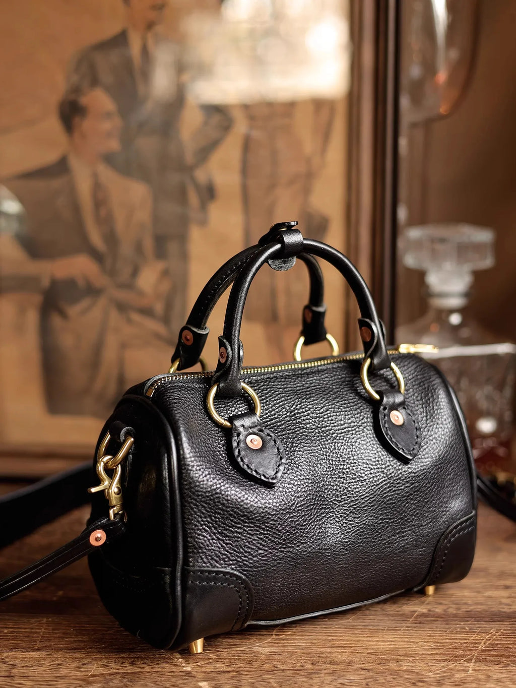 PNDME small black genuine cowhide leather handbag, vintage style designer shoulder bag with brass hardware details.