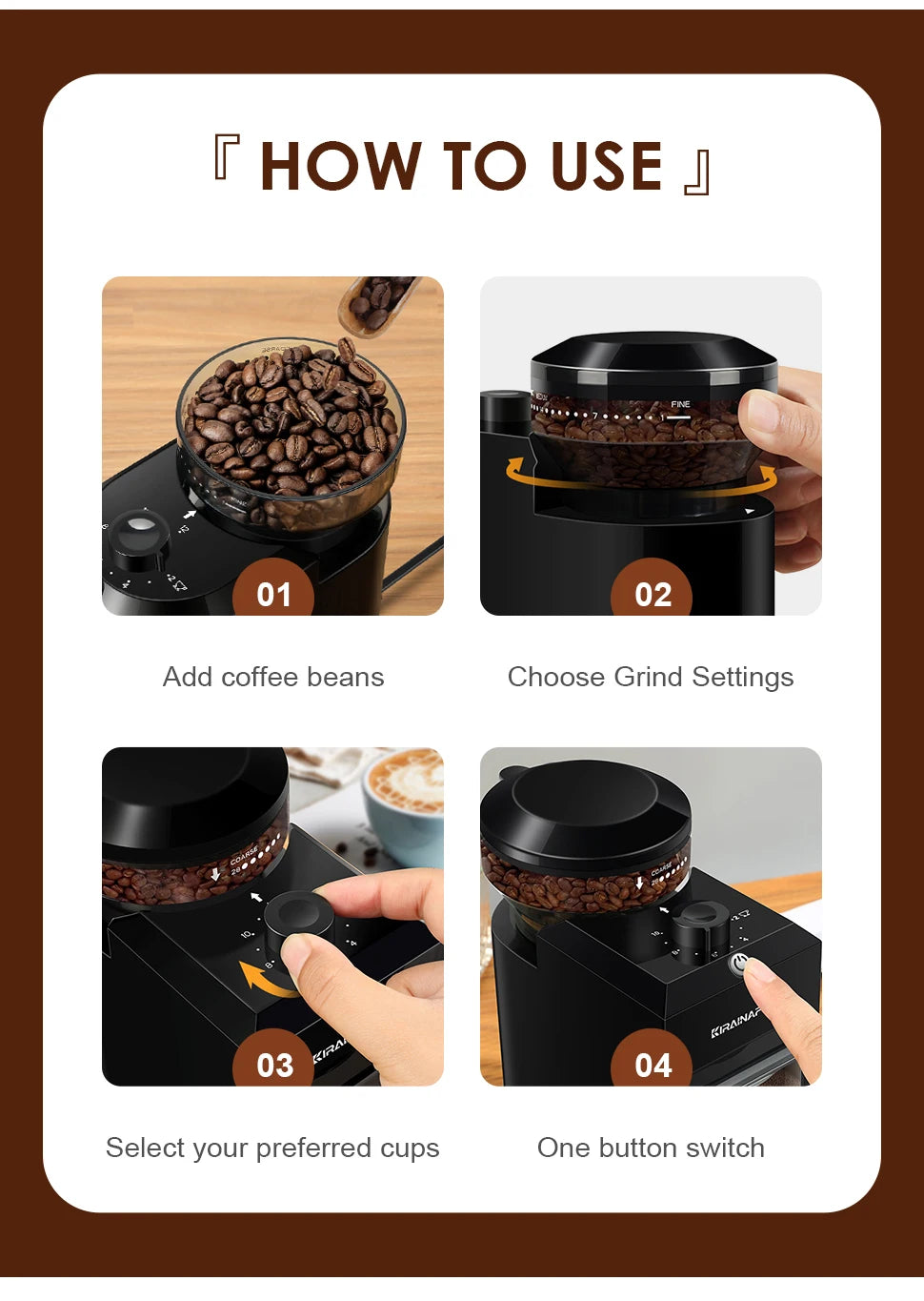Krainap electric coffee grinder: black burr mill with adjustable grind settings and cup selector for fresh beans.