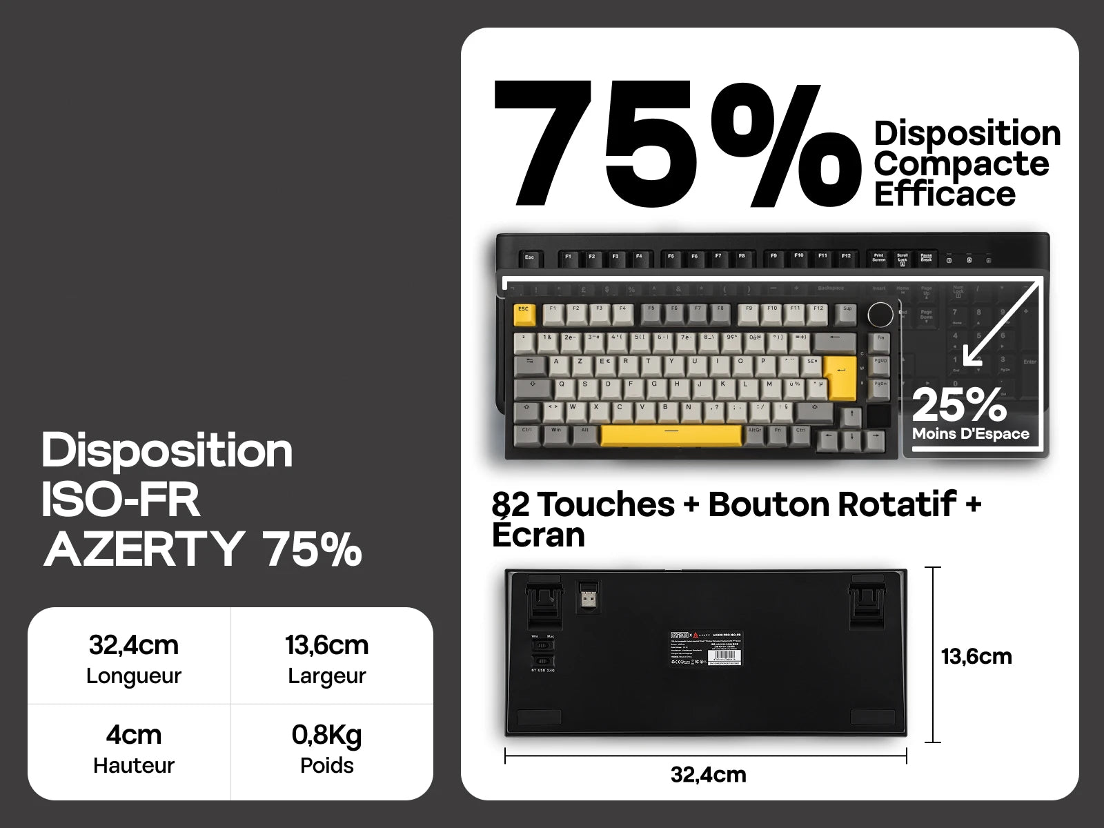 ISO-FR Layout EPOMAKER X AJAZZ AK820 PRO 75% AZERTY French Gasket Wired/Bluetooth/2.4GHz Wireless Mechanical Keyboard with Interactive TFT & 4000mAh