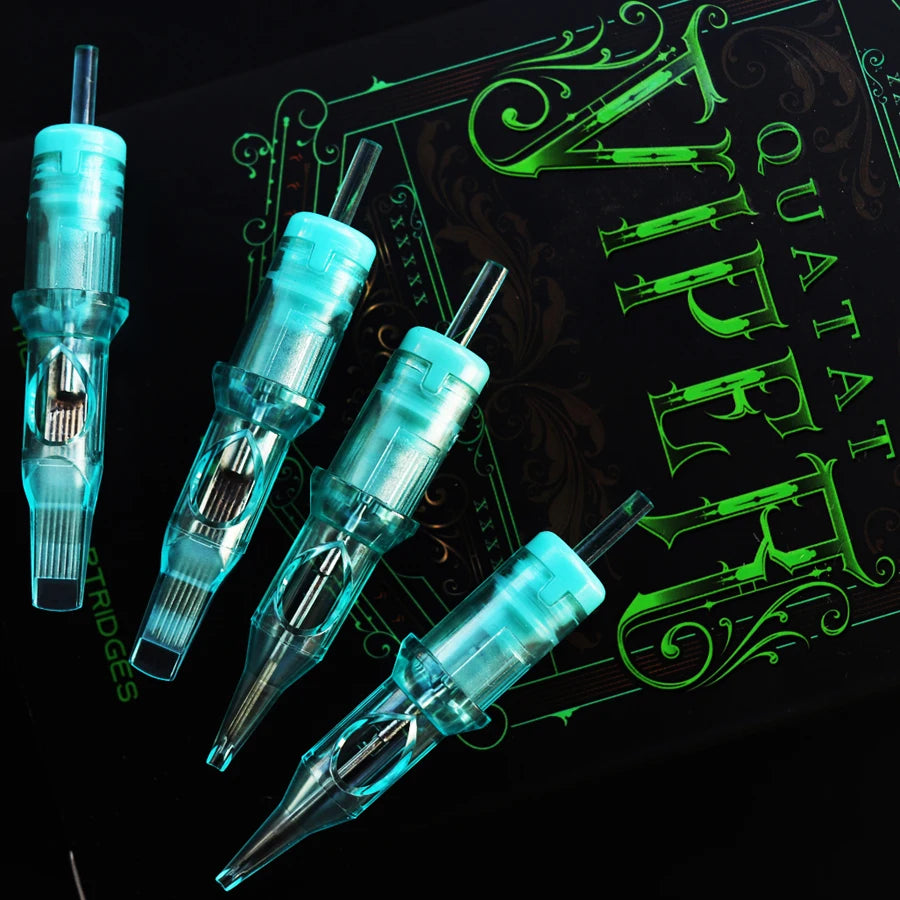 Translucent teal VIPER PMU tattoo cartridge needles for precise lip makeup application on premium black packaging.