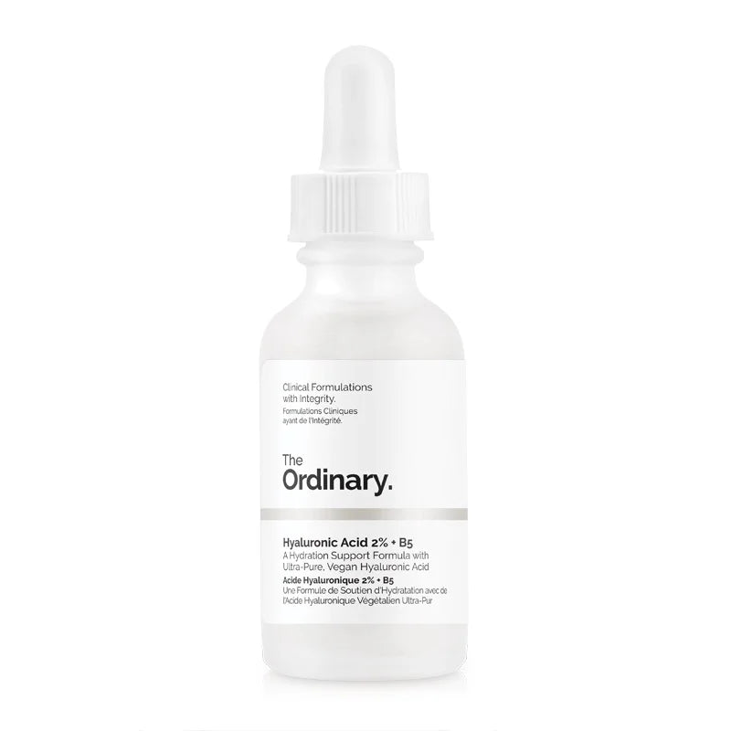 The Ordinary serum bottle with white dropper cap and clear, milky liquid.