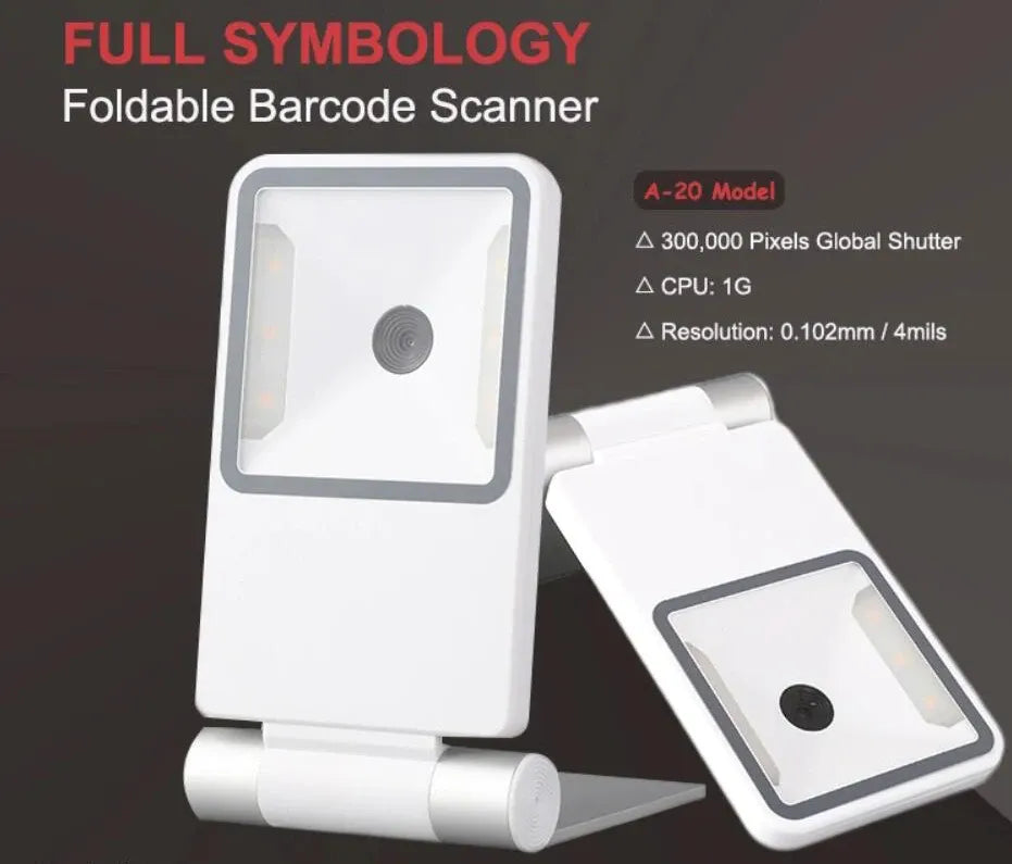 White foldable barcode scanner with tilted handheld face and fold-out platform