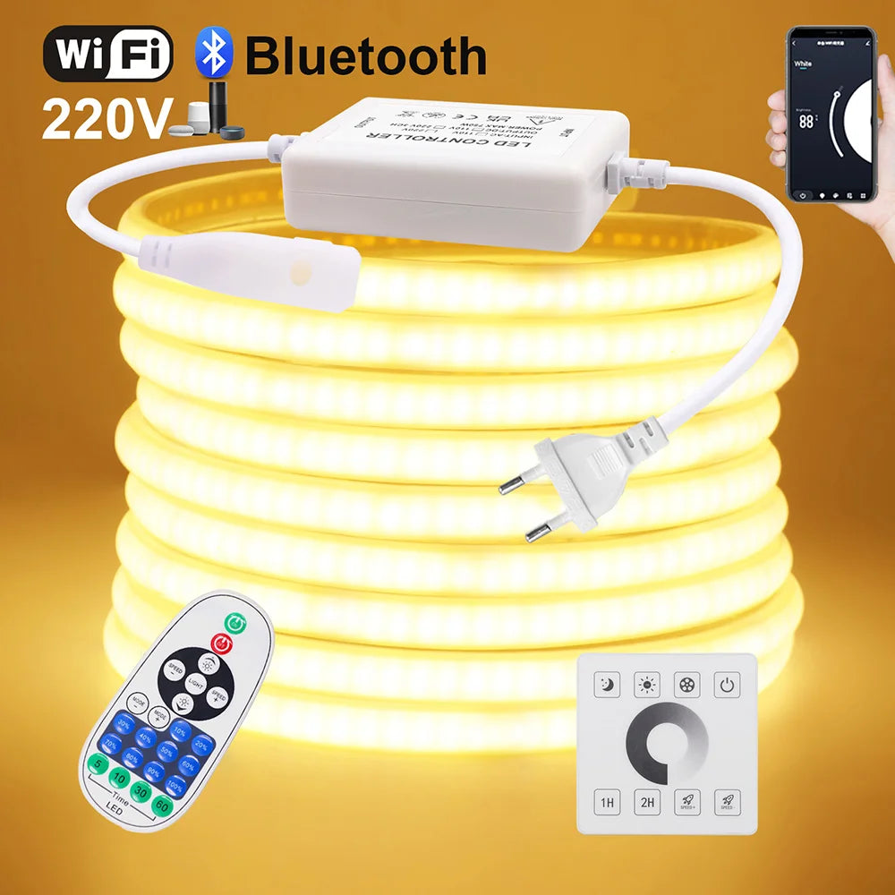 Wifi Bluetooth COB LED Neon Strip Light Wall Touch 23key Remote Control 220V Dimmer Power Kit 5m 10m 20m 0.5m 240LED/m Flex Lamp
