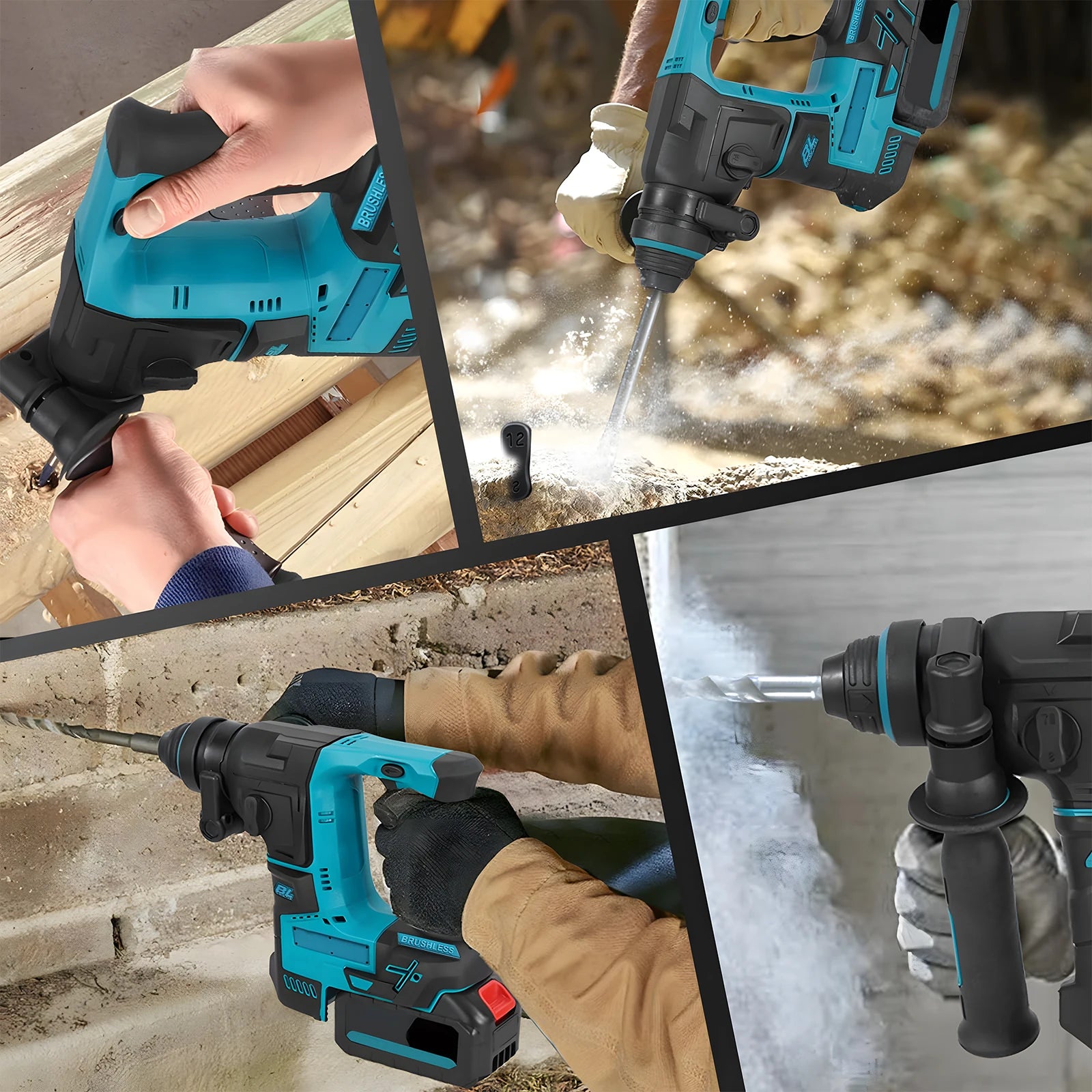 Podofo 1200W 2600RPM Brushless Rotary Hammer Drill 1.8J 360° Rotatable Cordless Electric Impact Hammer For Construction Home Wood Metal Drilling