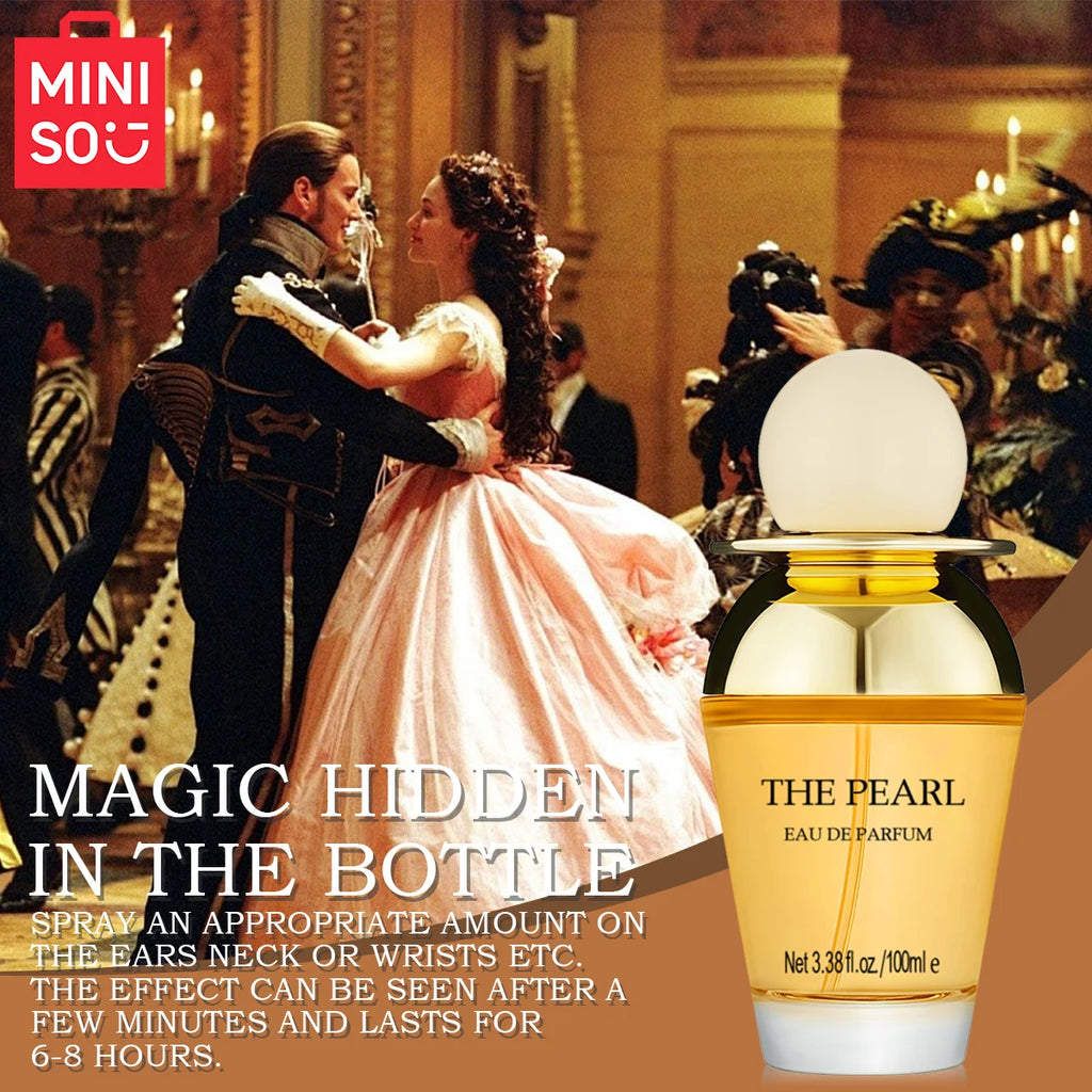 MINISO The Pearl 100ml EDP: Luxury floral Eau de Parfum for women in a chic, gold-capped glass bottle.