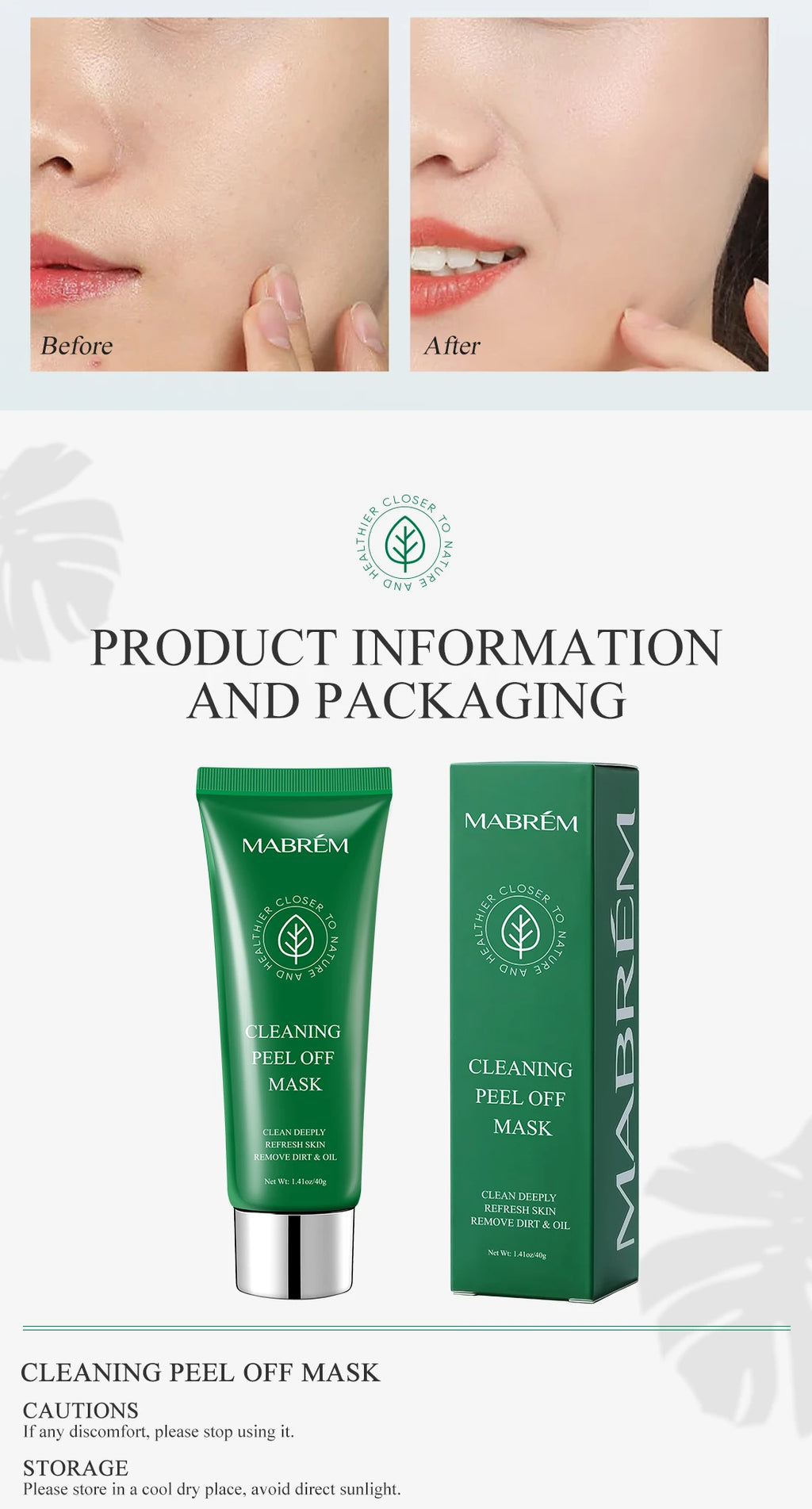 Mabrem green peeling mask tube and box with "before and after" close-ups showing improved facial skin texture.