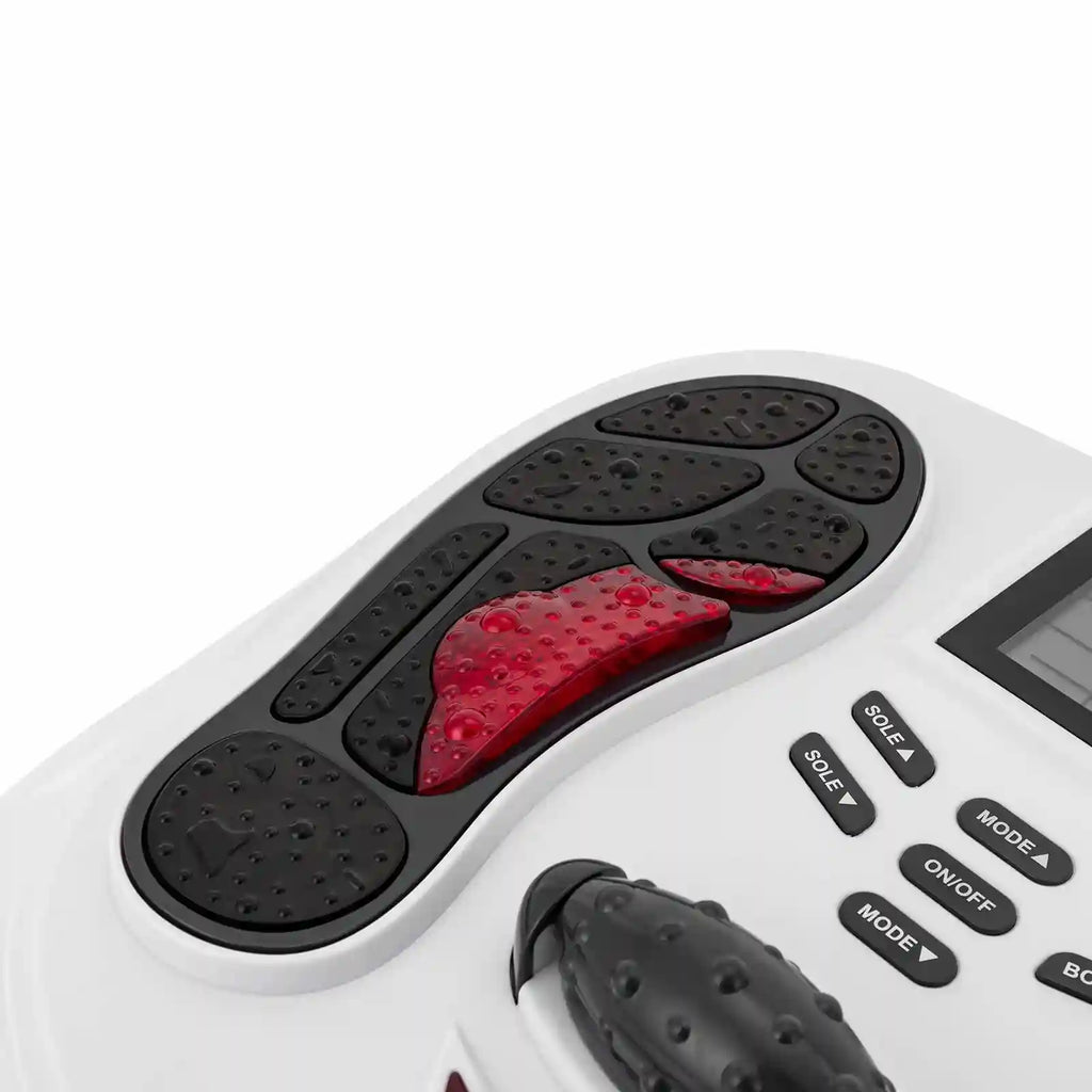 White electric foot massager and blood circulation simulator with black textured foot plates and control buttons.