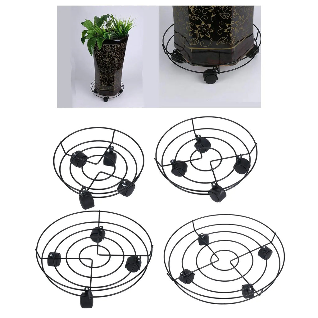 Black metal plant trolley stand with spiral wire top and four caster wheels