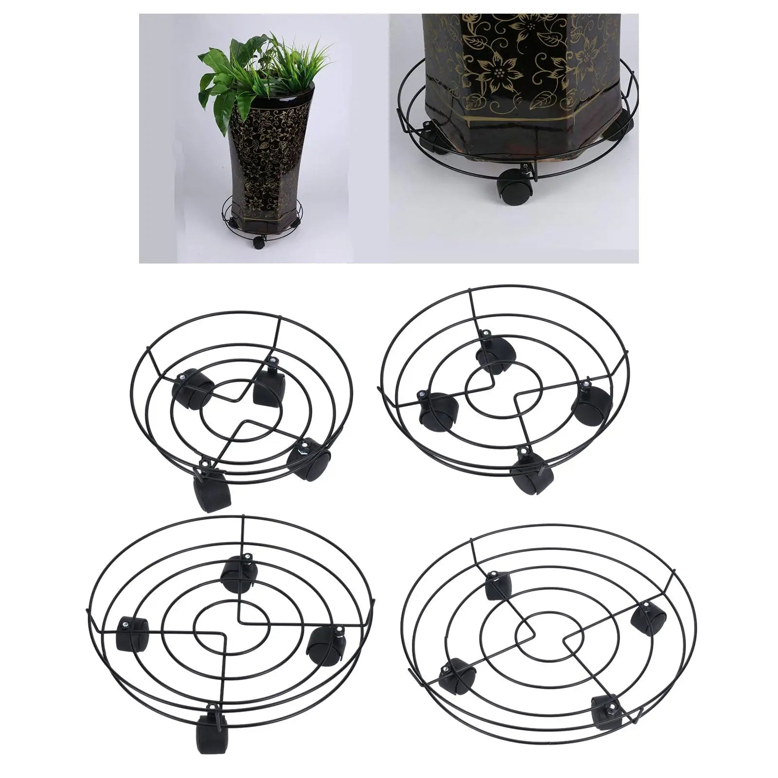 Black metal plant trolley stand with spiral wire top and four caster wheels