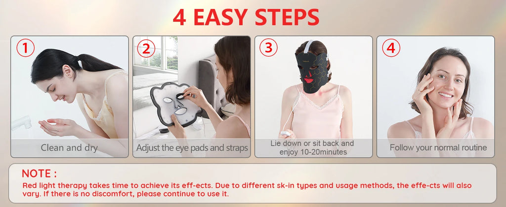 Four-step tutorial for Hottoerak flexible silicone LED red light therapy mask for facial and neck skin care routine.