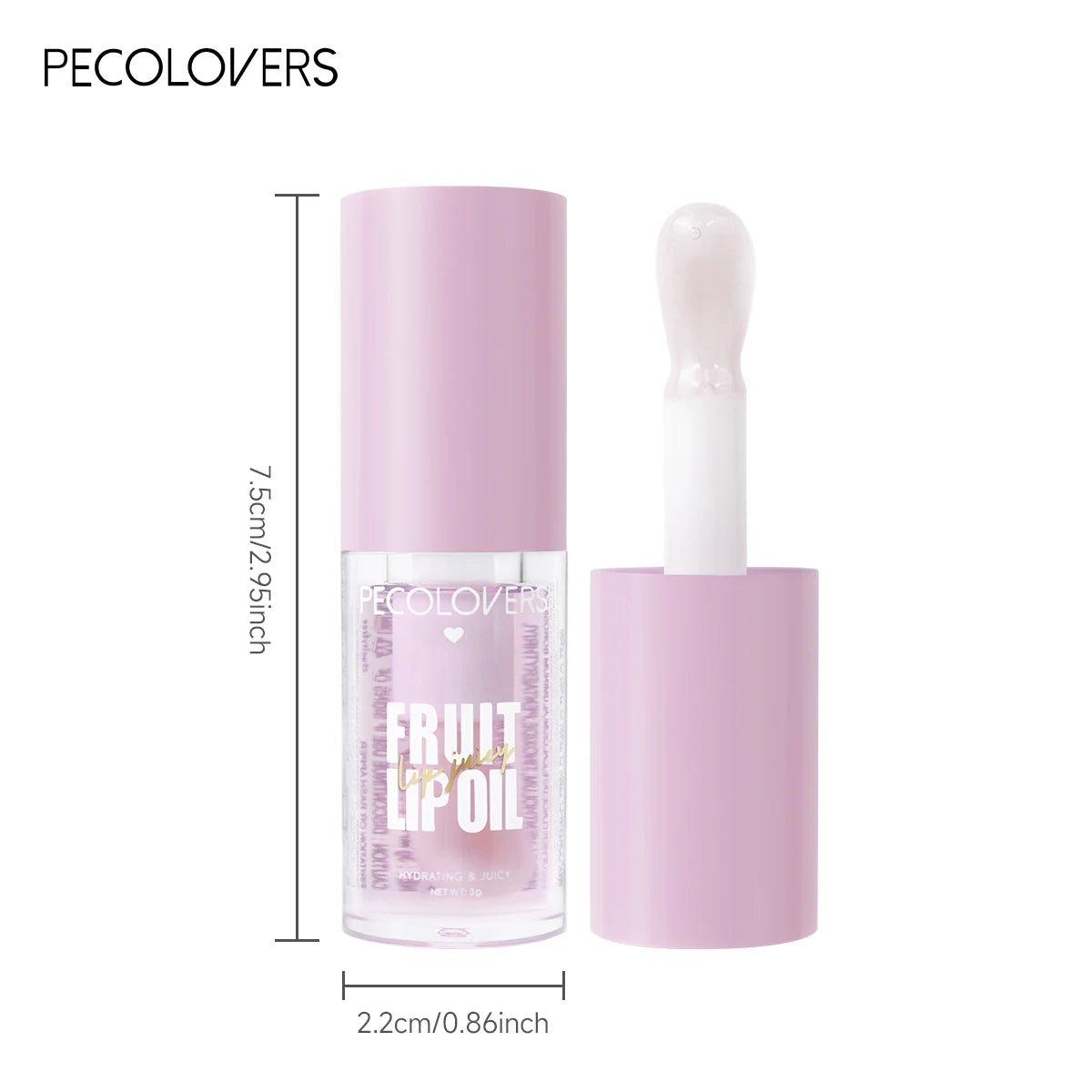 Transparent plumping lip oil with applicator, moisturizing fruit-flavored jelly gloss in a light pink bottle.