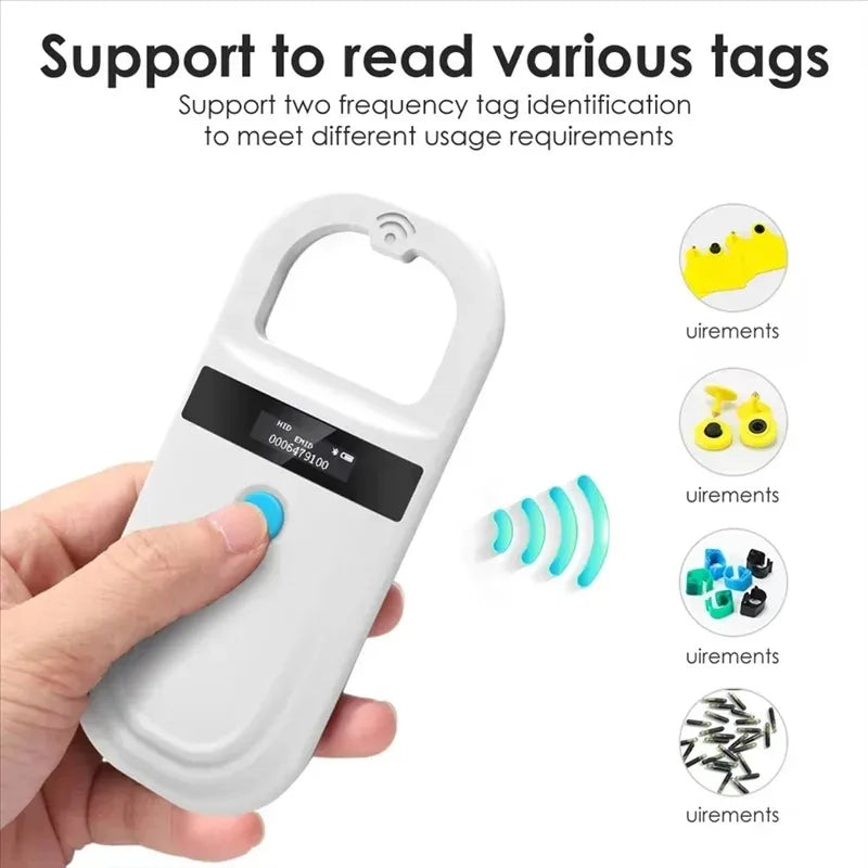 Handheld white RFID pet microchip scanner with OLED display for identifying dogs, cats, and livestock tags.