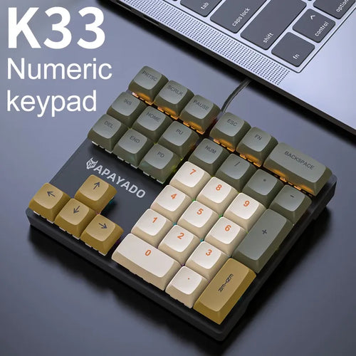 APAYADO K33 mechanical numeric keypad with 33 keys, blue switches, RGB lighting, and multi-color PBT keycaps.