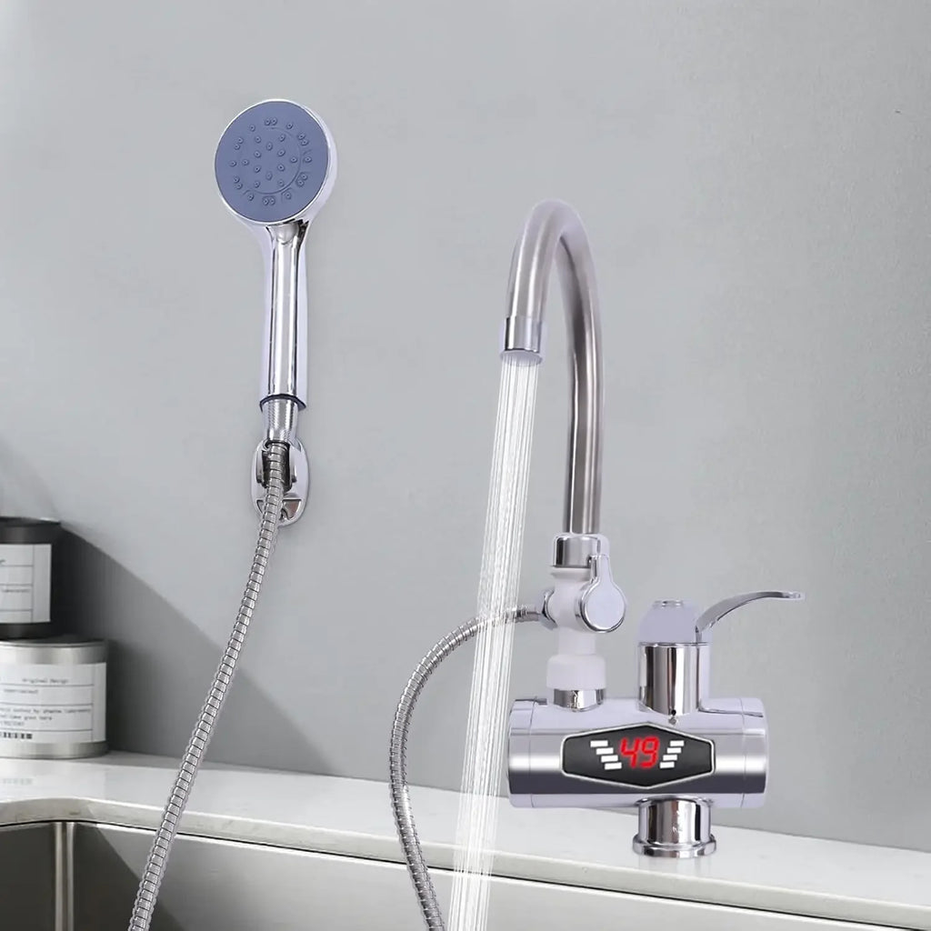 Electric Faucet, Stainless Steel Quick Heating 3000W, Kitchen Faucets with LCD Temperature Display, IPX4 Waterproof, Water Flow Control, EU Standard